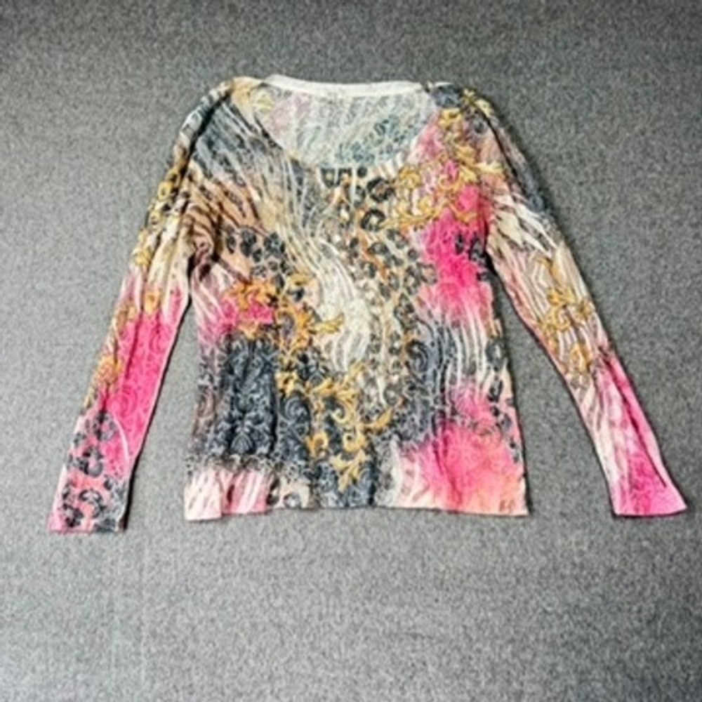 Y2K Cache Womens XL Baroque Print Rhinestone Long Sleeve Top Shirt Pink Gold